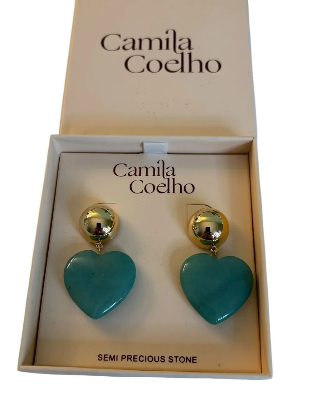 Camila Coelho Teal Green Heart Drop Earrings w/ Gold Tone Dome Studs.